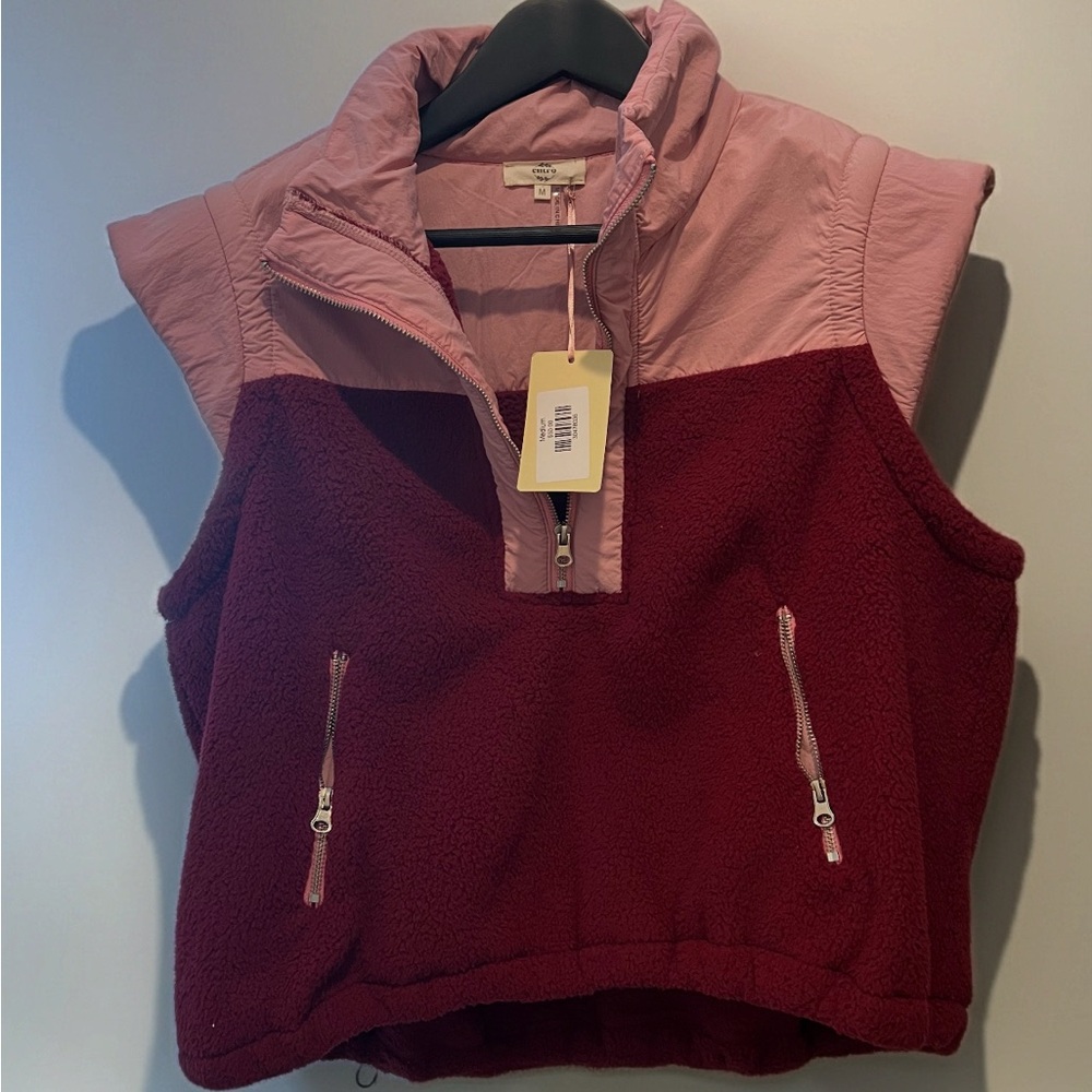 Entro Colorblock Sherpa Puffer Vest | Pink Burgundy Fleece Quilted High Neck M